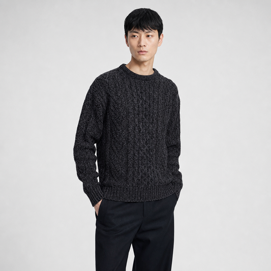 Men's Charcoal Aran Sweater — 100% merino wool, made in Ireland — front on-model