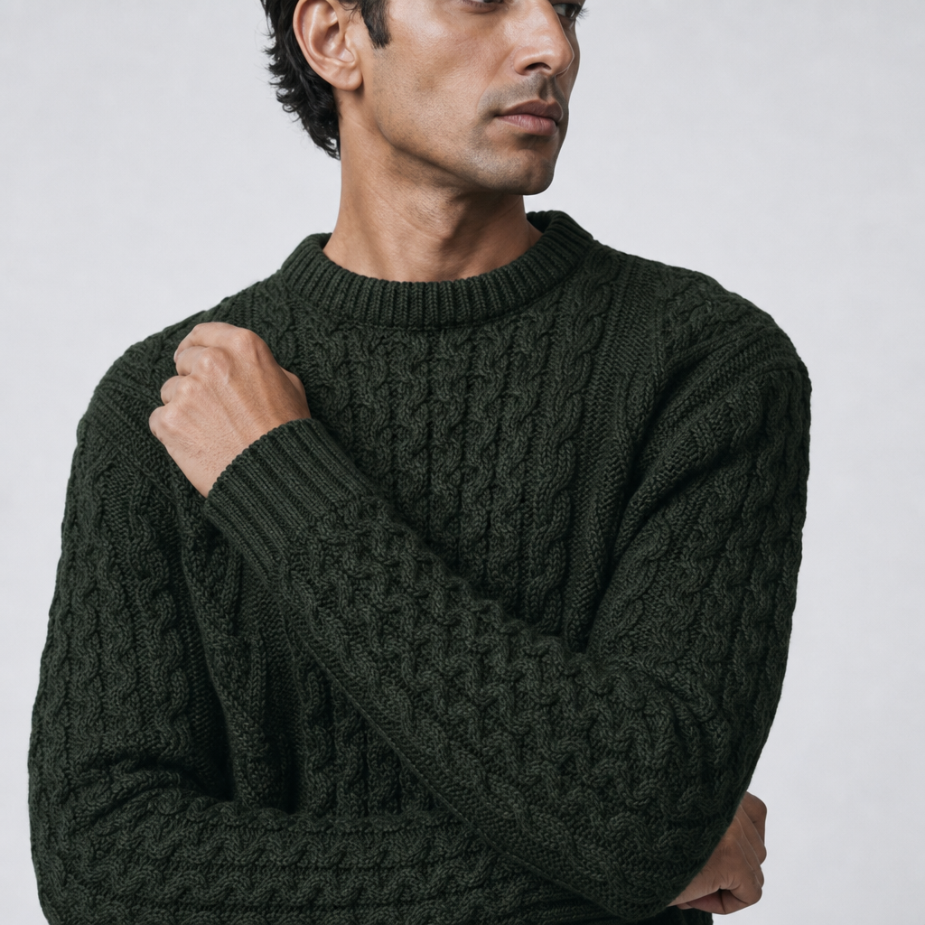 Men's Moss Aran Sweater — 100% merino wool, handknitted in Ireland — stitch detail