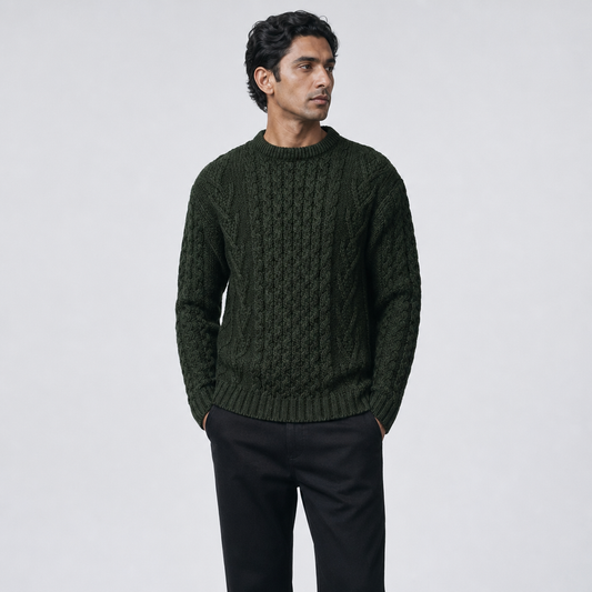 Men's Moss Aran Sweater — 100% merino wool, made in Ireland — front on-model