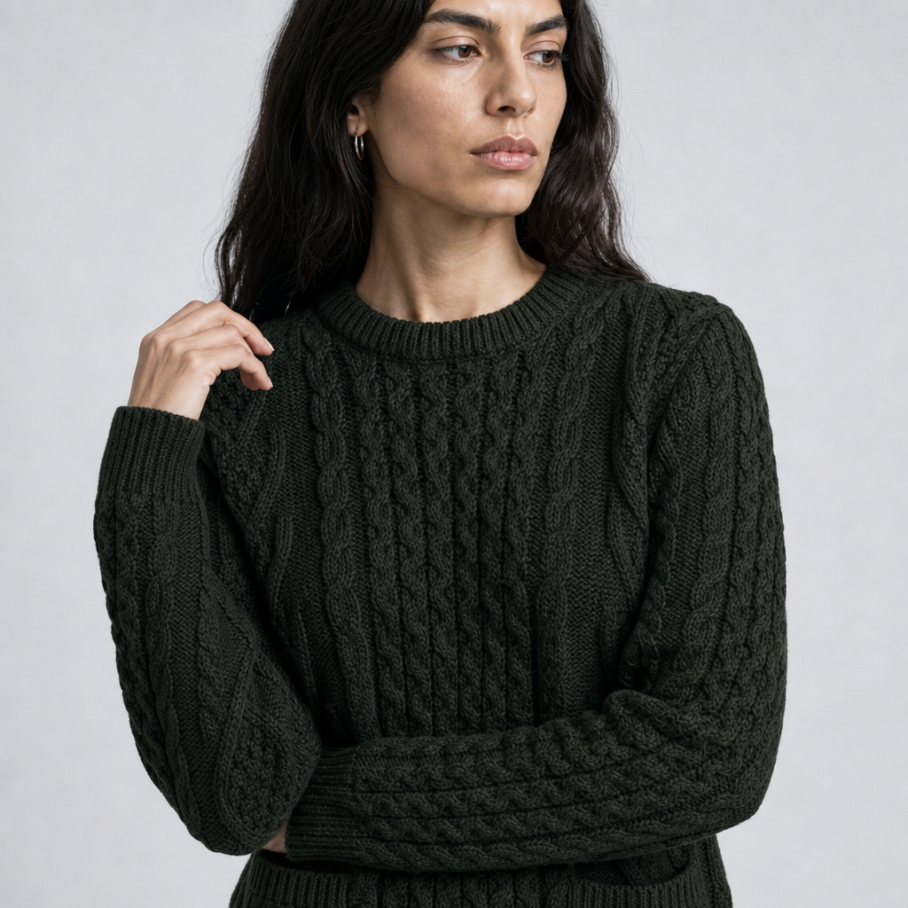 Women's Moss Aran Sweater — 100% merino wool, handknitted in Ireland — stitch detail