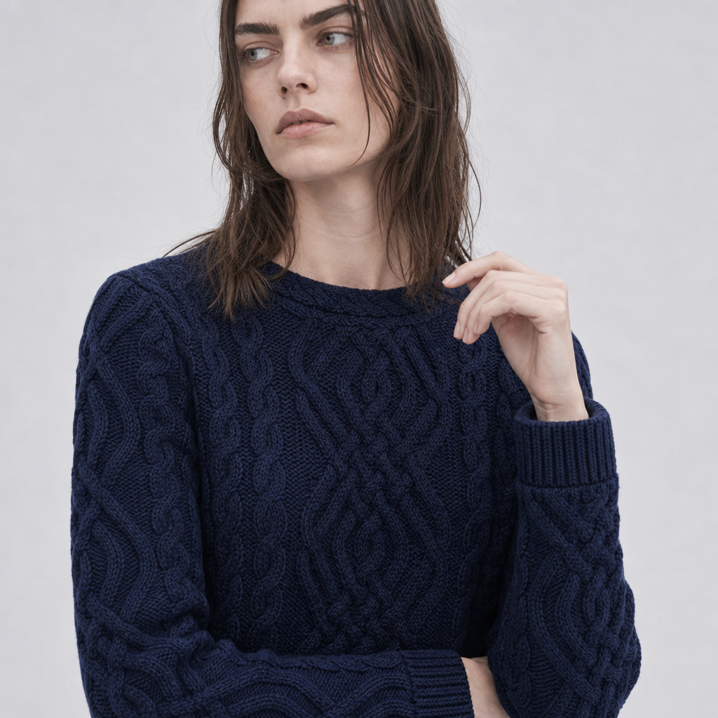Women's Navy Aran Sweater — 100% merino wool, made in Ireland — stitch detail