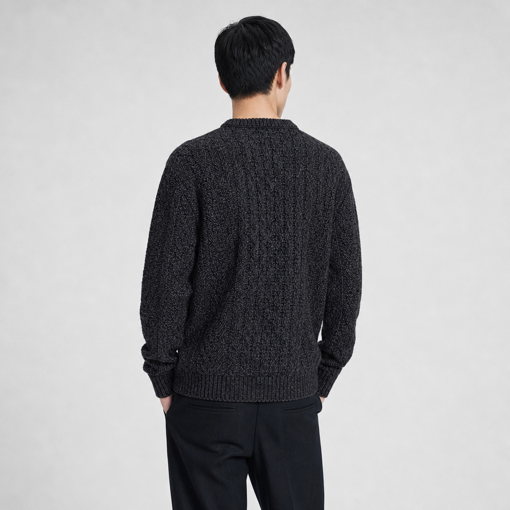 Men's Charcoal Aran Sweater — 100% merino wool, made in Ireland — back on-model