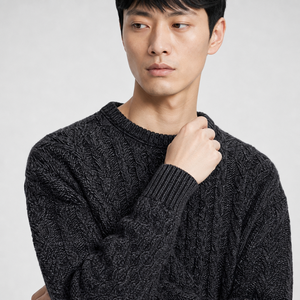 Men's Charcoal Aran Sweater — 100% merino wool, made in Ireland — stitch detail