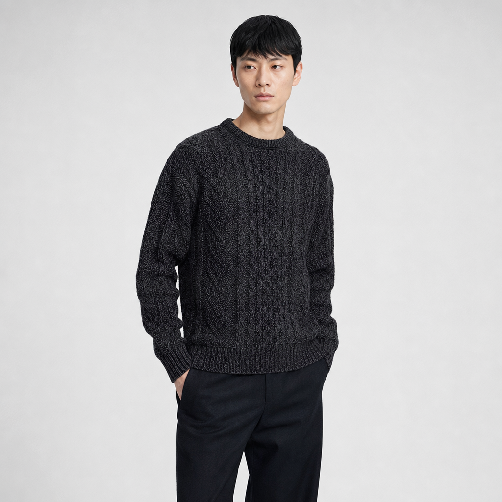 Men's Charcoal Aran Sweater — 100% merino wool, made in Ireland — front on-model