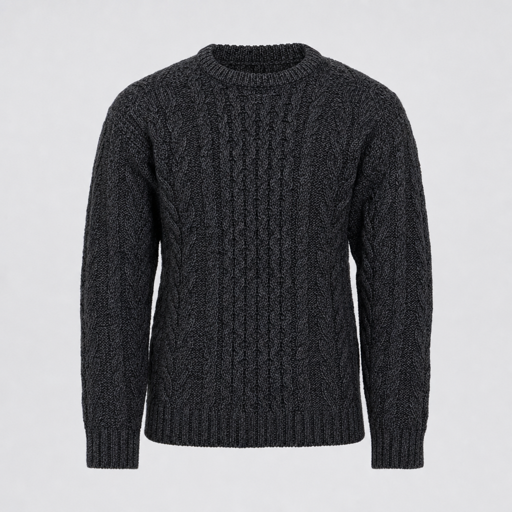 Men's Charcoal Aran Sweater — 100% merino wool, made in Ireland — packshot