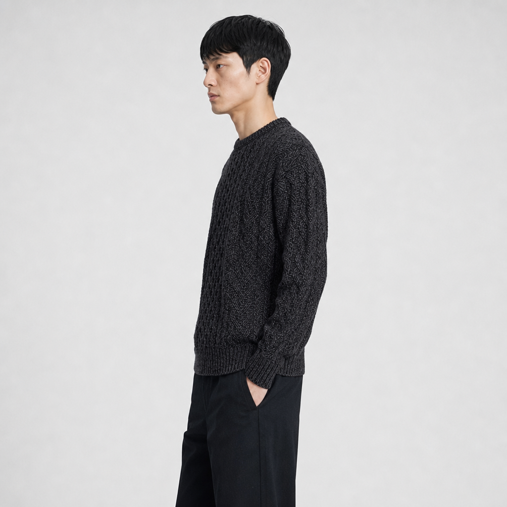 Men's Charcoal Aran Sweater — 100% merino wool, made in Ireland — side on-model