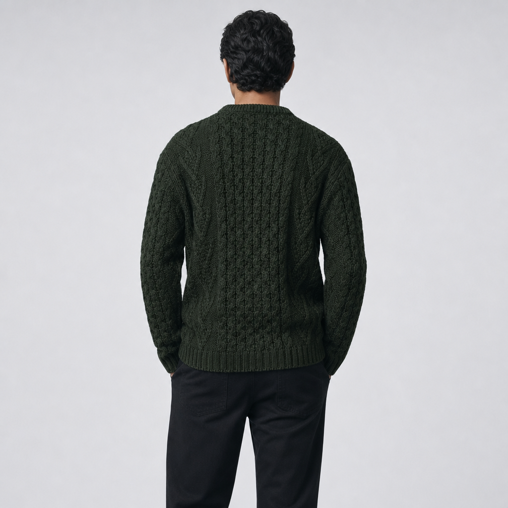 Men's Moss Aran Sweater — 100% merino wool, handknitted in Ireland — back on-model