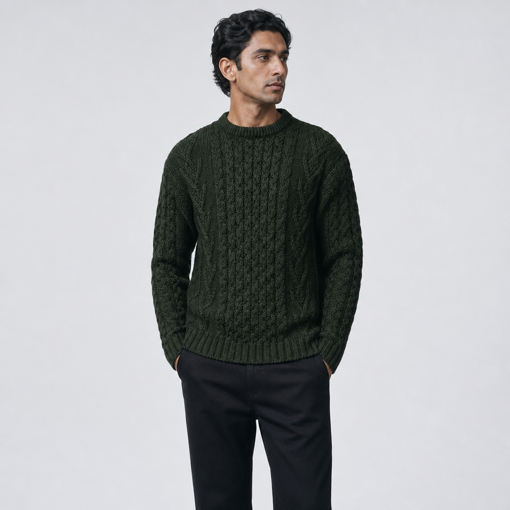 Men's Moss Aran Sweater — 100% merino wool, handknitted in Ireland — front on-model