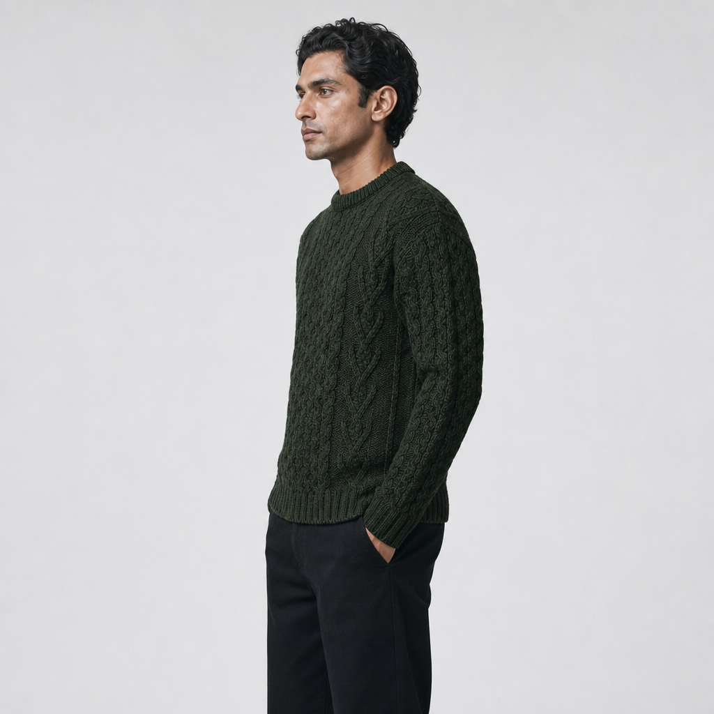 Men's Moss Aran Sweater — 100% merino wool, handknitted in Ireland — side on-model