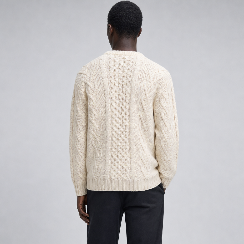 Men's Natural Aran Sweater — 100% merino wool, made in Ireland — back on-model