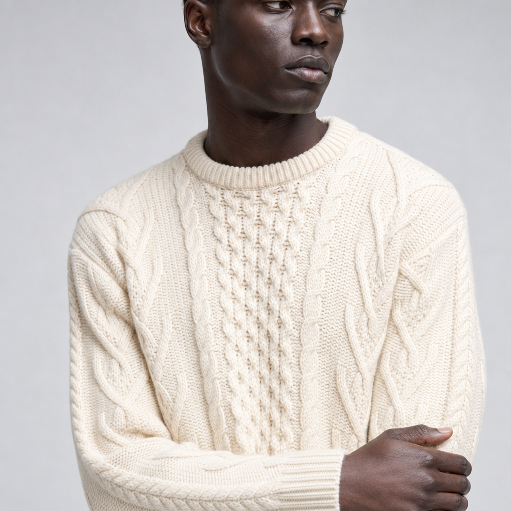 Men's Natural Aran Sweater — 100% merino wool, made in Ireland — stitch detail