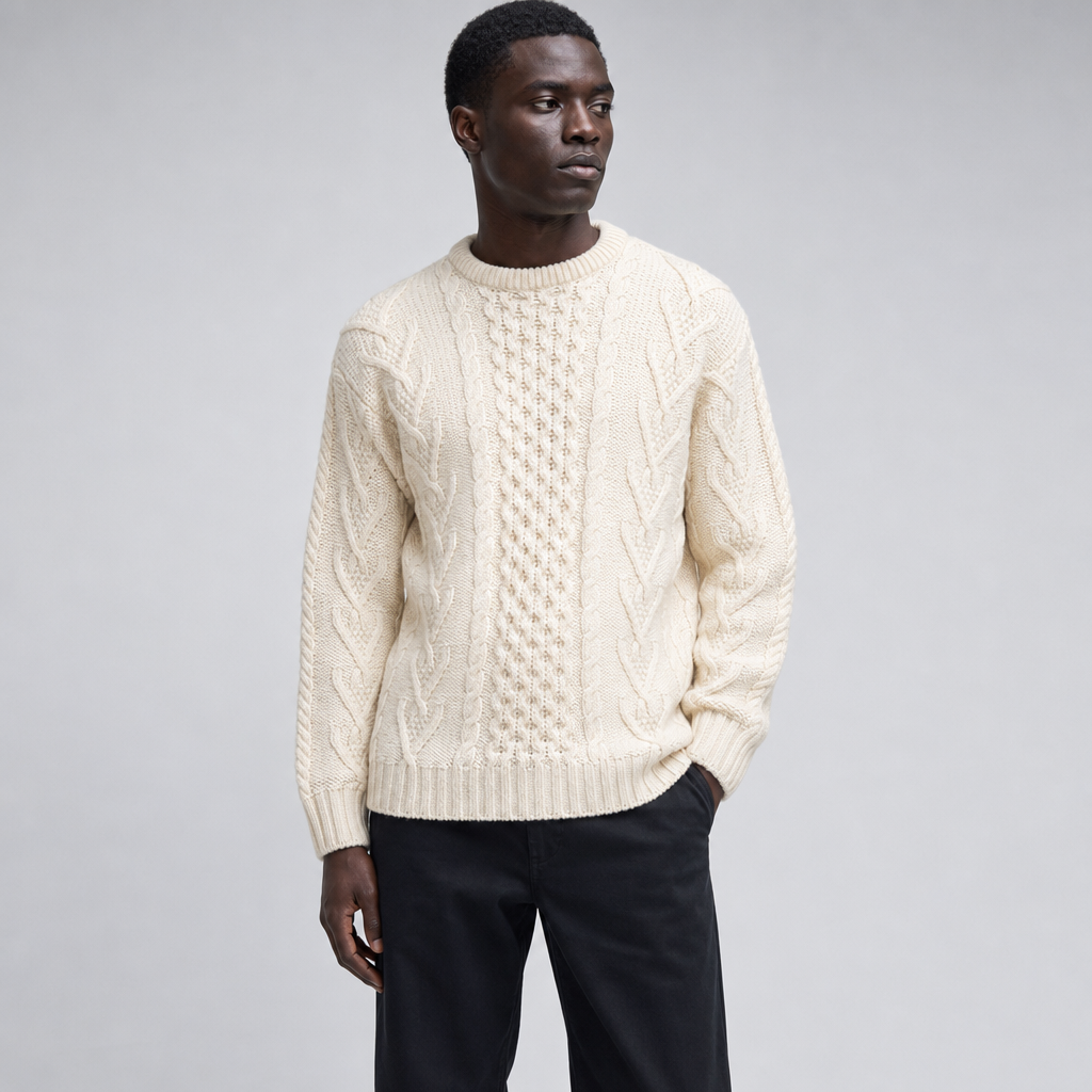 Men's Natural Aran Sweater — 100% merino wool, made in Ireland — front on-model