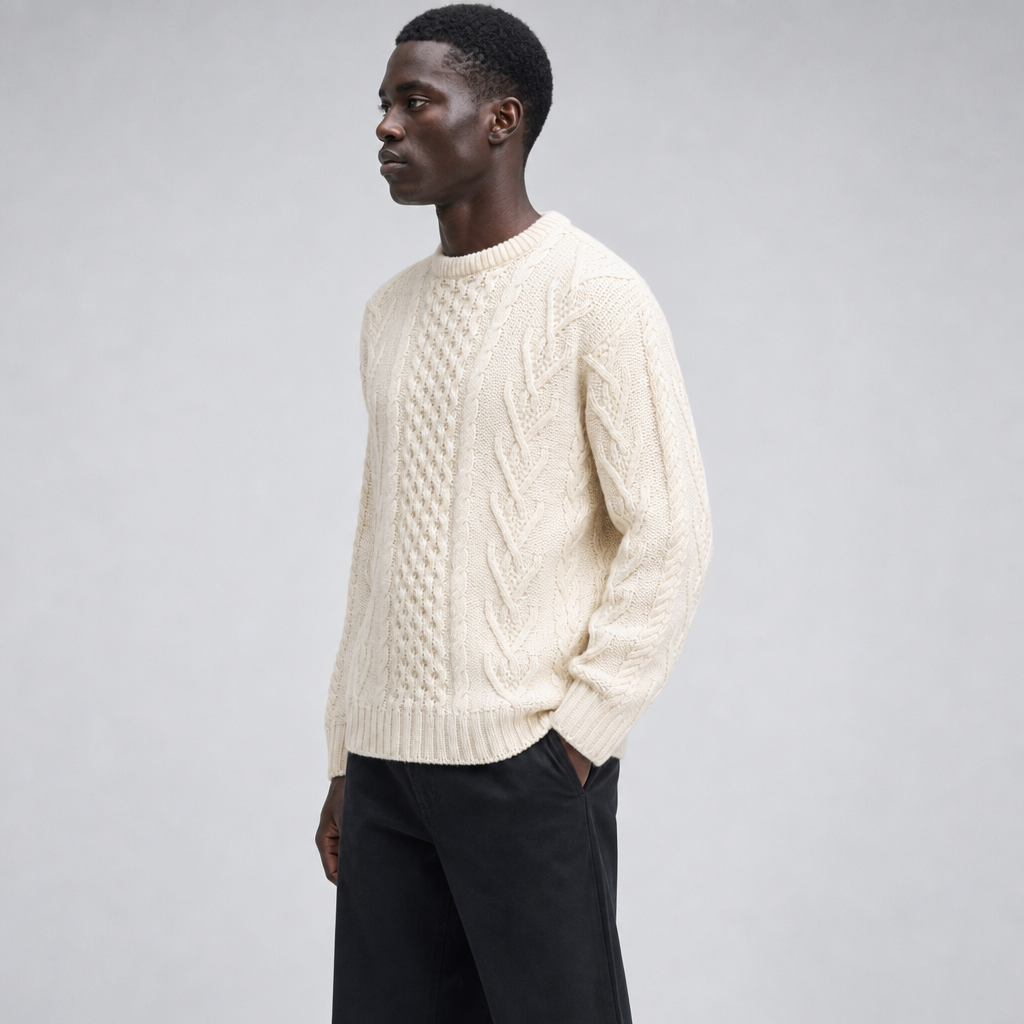 Men's Natural Aran Sweater — 100% merino wool, made in Ireland — side on-model