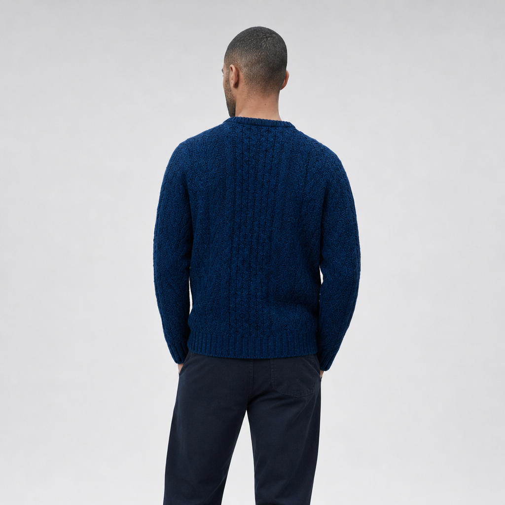 Men's Navy Aran Sweater — 100% merino wool, made in Ireland — back on-model