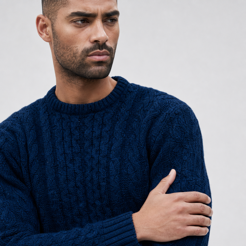 Men's Navy Aran Sweater — 100% merino wool, made in Ireland — stitch detail