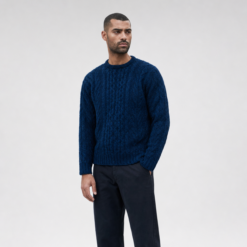 Men's Navy Aran Sweater — 100% merino wool, made in Ireland — front on-model