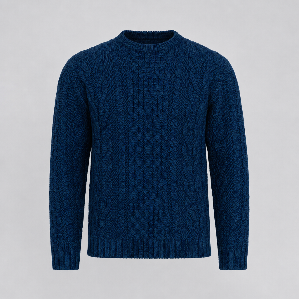 Men's Navy Aran Sweater — 100% merino wool, made in Ireland — packshot