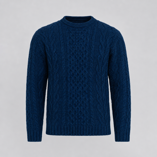 Men's Navy Aran Sweater — 100% merino wool, made in Ireland — packshot