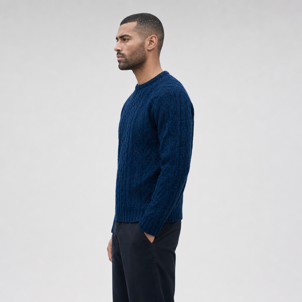Men's Navy Aran Sweater — 100% merino wool, made in Ireland — side on-model