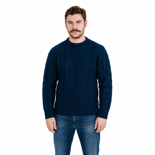 Men's Navy Aran Sweater — 100% merino wool, handknitted in Ireland by SAOL