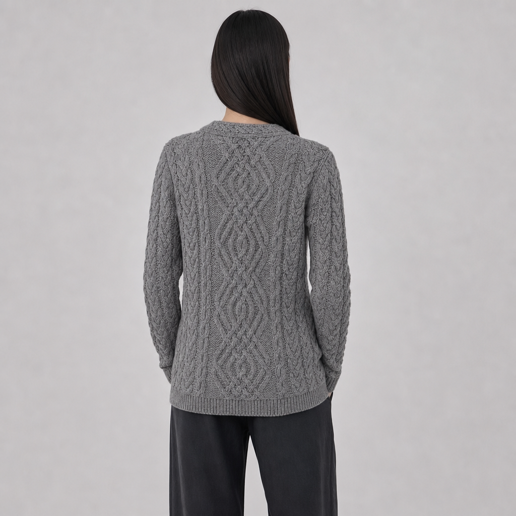 Women's Charcoal Aran Sweater — 100% merino wool, made in Ireland — back on-model