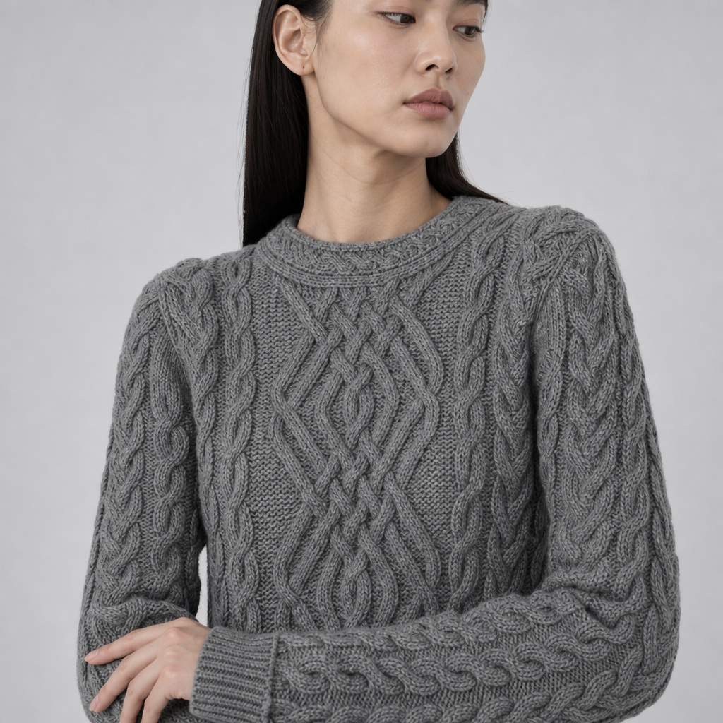Women's Charcoal Aran Sweater — 100% merino wool, made in Ireland — stitch detail