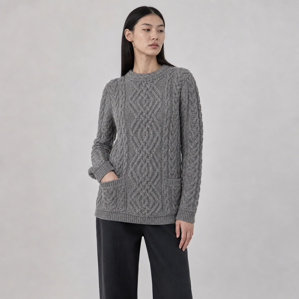 Women's Charcoal Aran Sweater — 100% merino wool, made in Ireland — front on-model