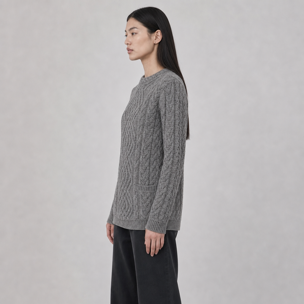 Women's Charcoal Aran Sweater — 100% merino wool, made in Ireland — side on-model