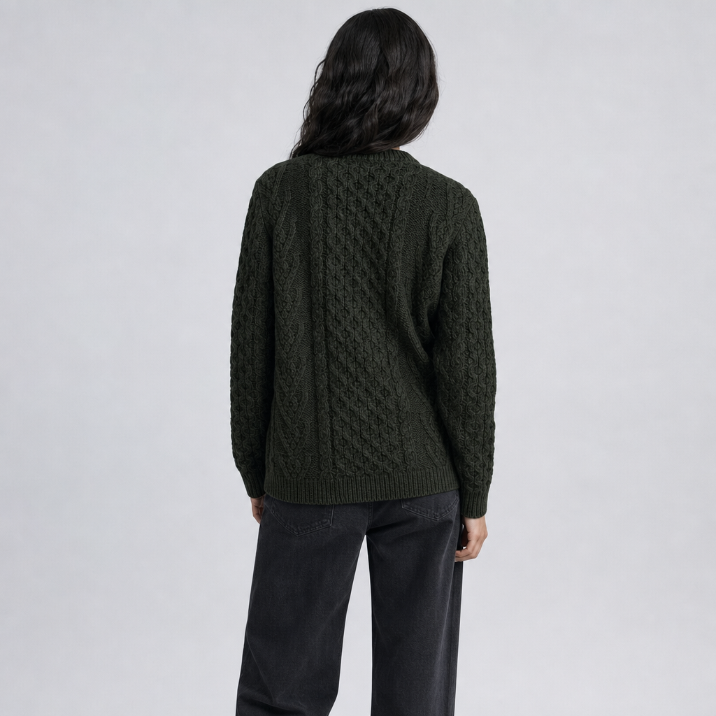 Women's Moss Aran Sweater — 100% merino wool, handknitted in Ireland — back on-model