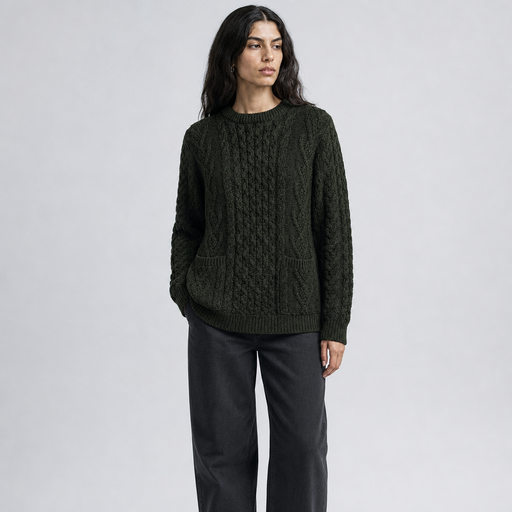 Women's Moss Aran Sweater — 100% merino wool, handknitted in Ireland — front on-model