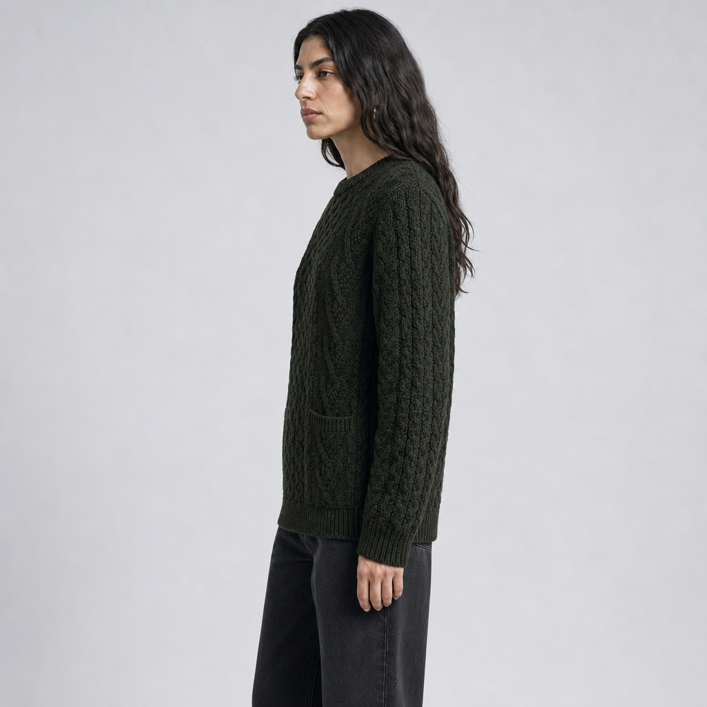 Women's Moss Aran Sweater — 100% merino wool, handknitted in Ireland — side on-model