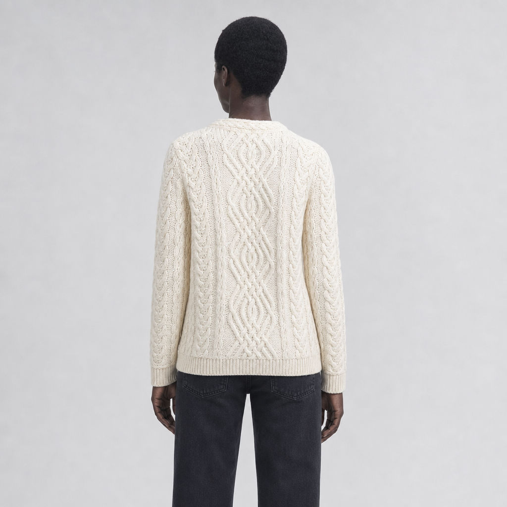 Women's Natural Aran Sweater — 100% merino wool, made in Ireland — back on-model