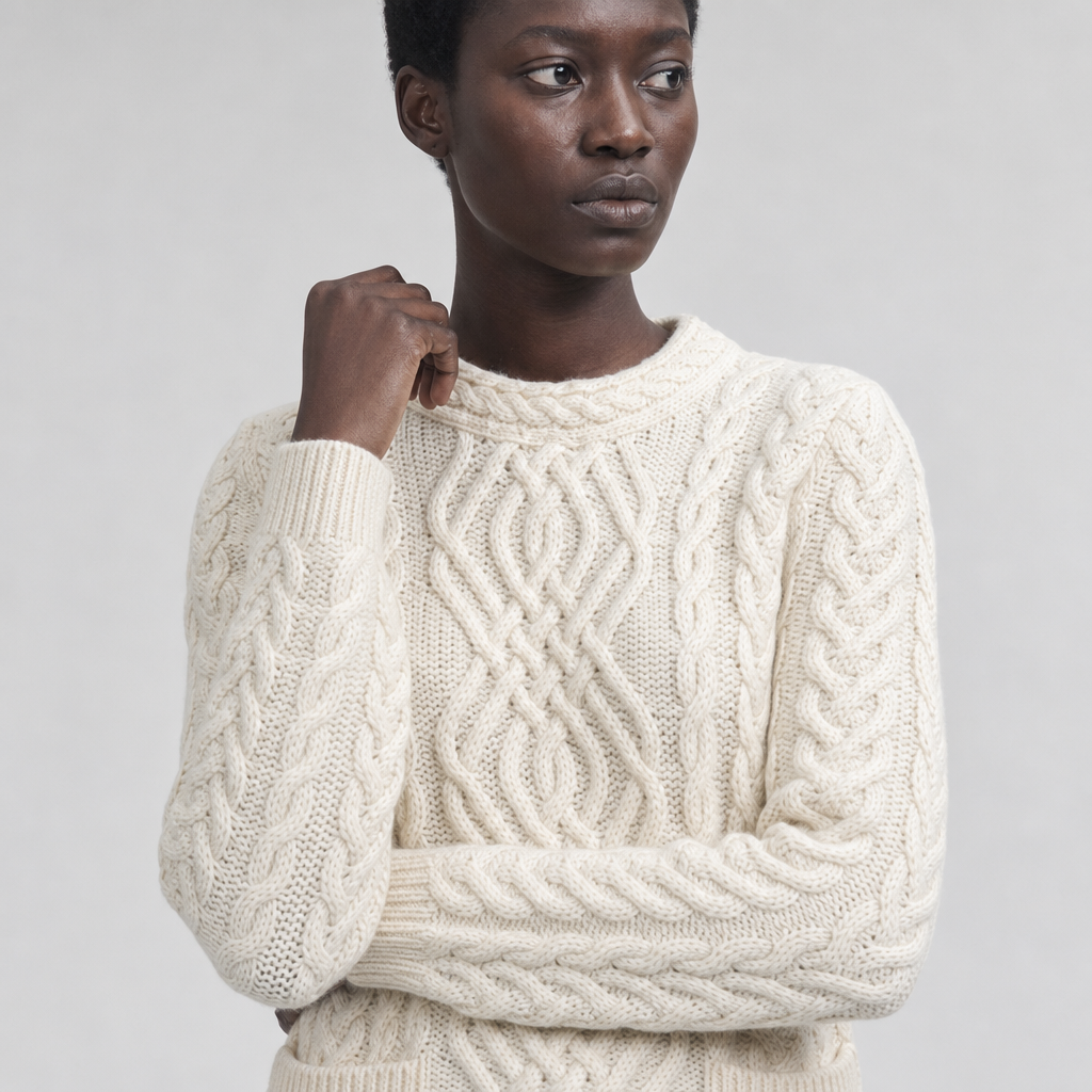 Women's Natural Aran Sweater — 100% merino wool, made in Ireland — stitch detail