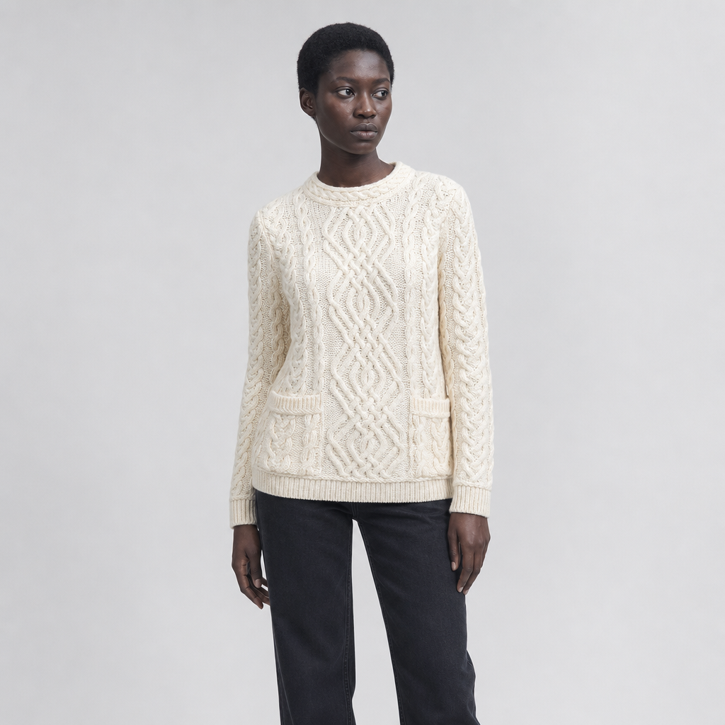 Women's Natural Aran Sweater — 100% merino wool, made in Ireland — front on-model