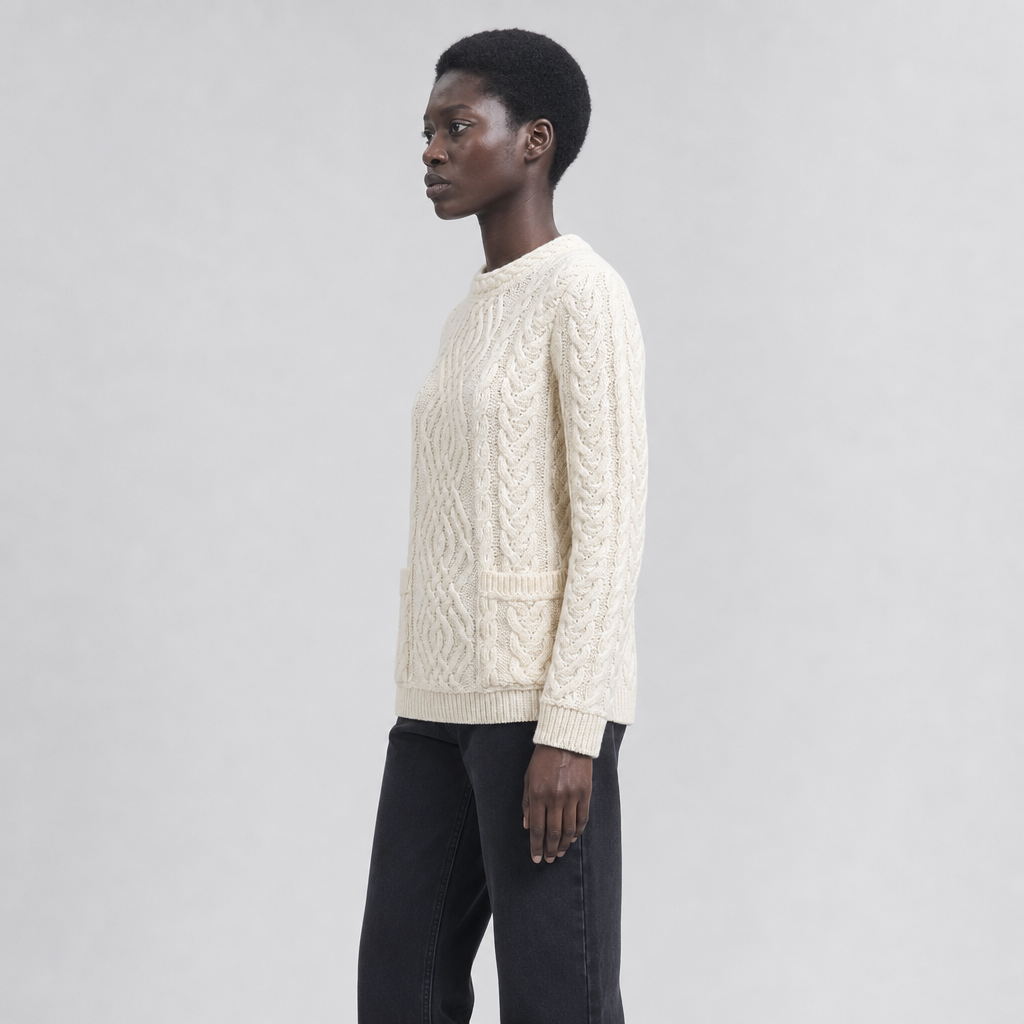 Women's Natural Aran Sweater — 100% merino wool, made in Ireland — side on-model