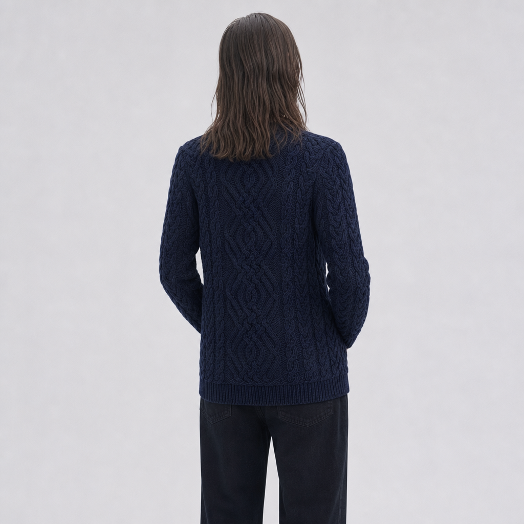 Women's Navy Aran Sweater — 100% merino wool, made in Ireland — back on-model