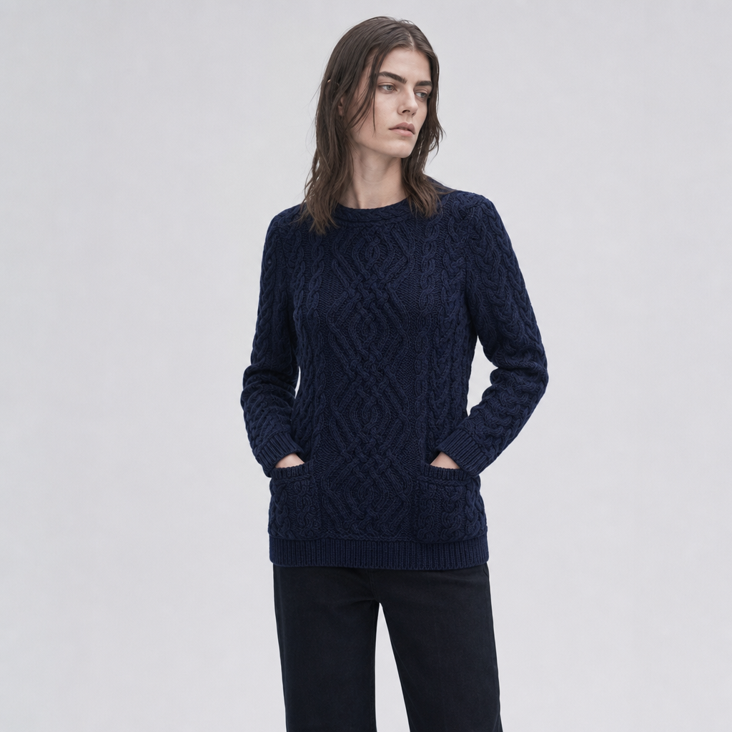 Women's Navy Aran Sweater — 100% merino wool, made in Ireland — front on-model
