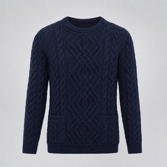 Women's Navy Aran Sweater — 100% merino wool, made in Ireland — packshot