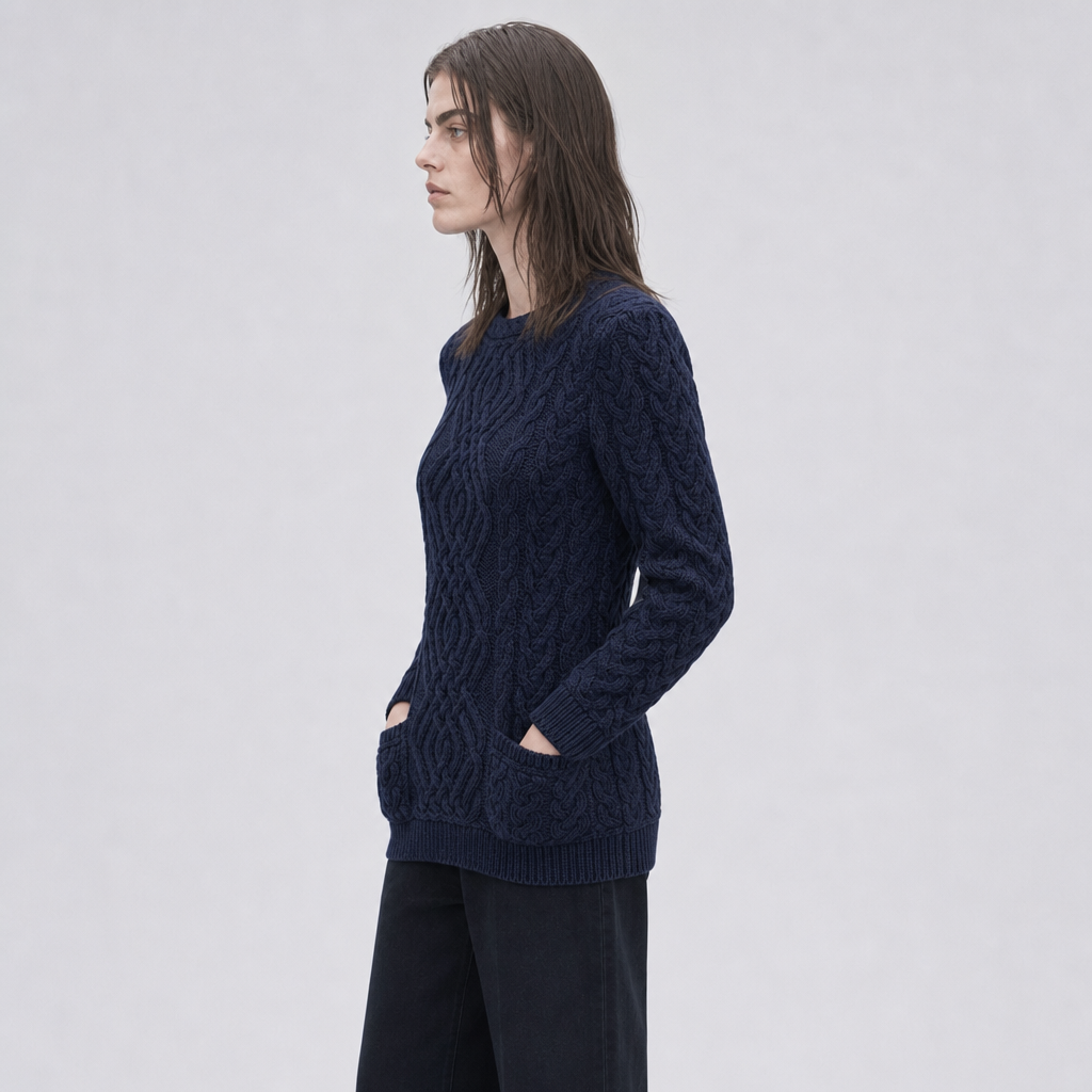Women's Navy Aran Sweater — 100% merino wool, made in Ireland — side on-model
